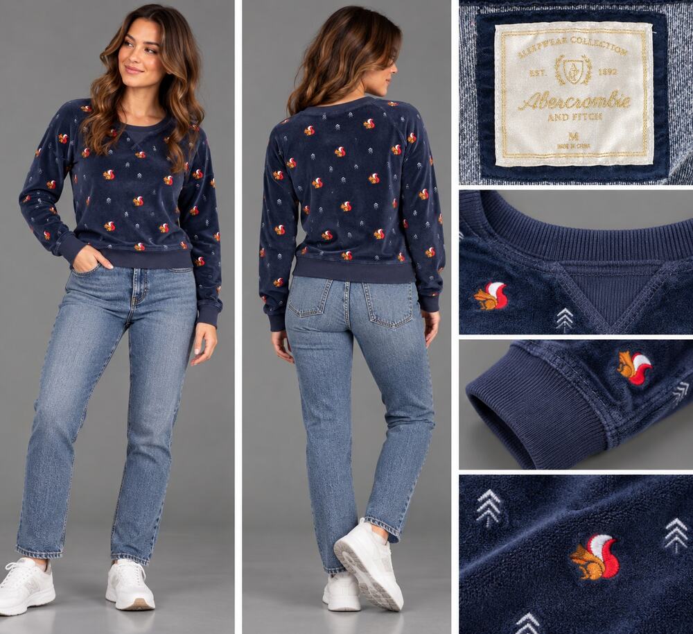 Abercrombie Fitch Womens M Navy Velour Squirrel Print Crewneck Sweatshirt
